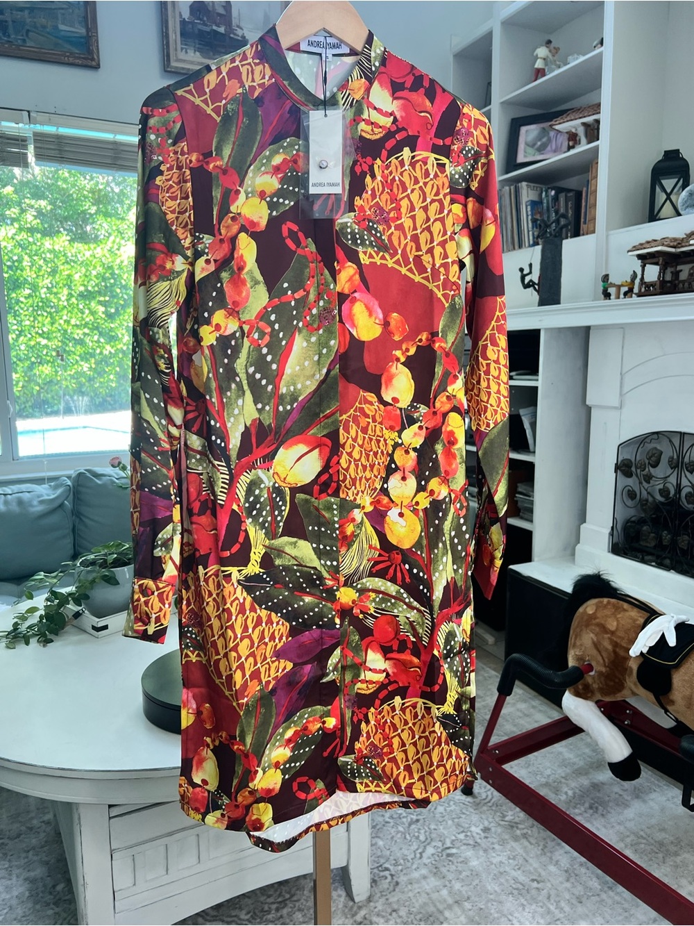 Andrea Iyamah Red Tropical-Print Long Sleeve Tunic with side slits
